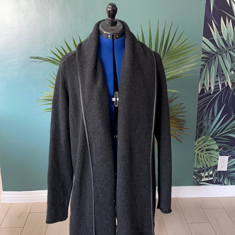 Leather trim wool long cardigan
